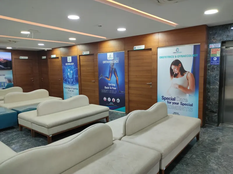 Waiting lounge with sofas at Magnet Hospital Arakere